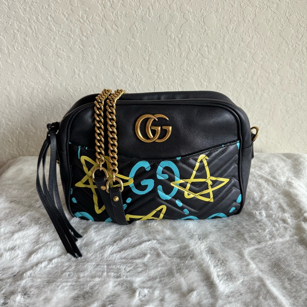 GUCCI GHOST Black Marmont Shoulder Bag - Graffiti Collection. P0239